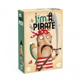 Puzzle tradycyjne dla dzieci z ilustracją pirata w czerwonej chustce i pasiastym ubraniu z mieczem i papugą na ramieniu. Londji Puzzle dla dzieci Jestem Piratem!