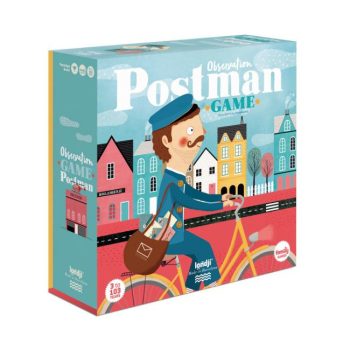 Gra obserwacyjna dla dzieci z ilustracją listonosza na rowerze i kolorowymi domami w tle. Londji Gra obserwacyjna dla dzieci, Postman Listonosz 3+