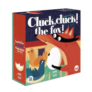 Gra rodzinna Cluck Cluck the Fox z ilustracją lisa i kur na opakowaniu. Londji Gra rodzinna, Cluck, Cluck! Fox!! Puk Puk, tu lisek!