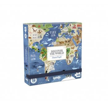 Puzzle tradycyjne 100 elementów z mapą świata w wersji kieszonkowej dla dzieci. Londji Odkrywaj Świat Kieszonkowa wersja 100elem