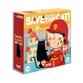 Gra kooperacyjna dla dzieci od 4 lat z ilustracją strażaka trzymającego czarnego kota na tle budynków. Londji Gra kooperacyjna Save the cat Uratuj Kotka 4+
