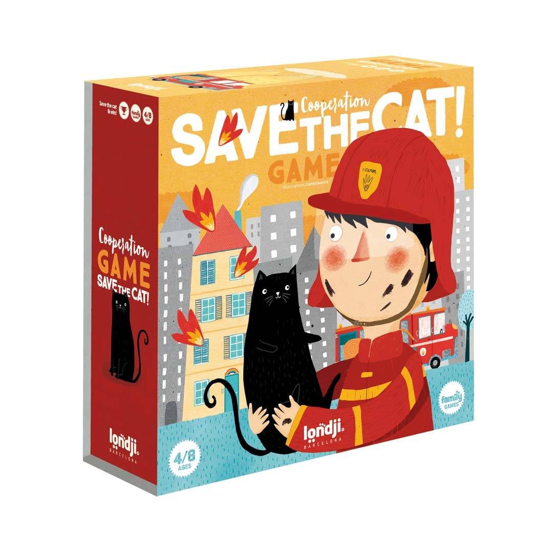 Gra kooperacyjna dla dzieci od 4 lat z ilustracją strażaka trzymającego czarnego kota na tle budynków. Londji Gra kooperacyjna Save the cat Uratuj Kotka 4+