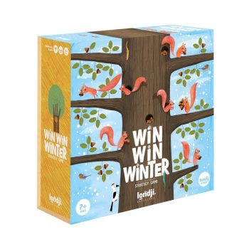 Gra strategiczna Win Win Winter z ilustracją drzewa i wiewiórek na niebieskim tle dla dzieci powyżej 7 lat. Londji Gra strategiczna Win Win Winter
