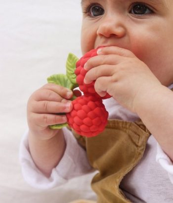 Czerwony gryzak w kształcie maliny z zielonymi liśćmi dla niemowlaka. Oli & Carol Gryzak Zabawka Malina Valery Raspberry
