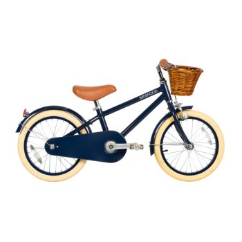Rowerek dziecięcy 16 cali granatowy z brązowym siodełkiem i wiklinowym koszykiem dla dziecka. Banwood Rowerek Dla Dziecka 16″ Classic Navy Blue