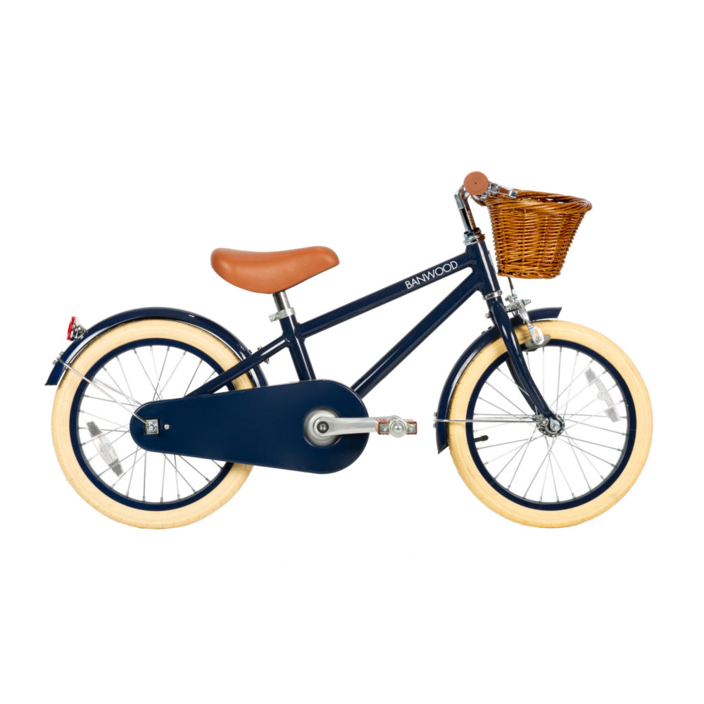 Rowerek dziecięcy 16 cali granatowy z brązowym siodełkiem i wiklinowym koszykiem dla dziecka. Banwood Rowerek Dla Dziecka 16″ Classic Navy Blue