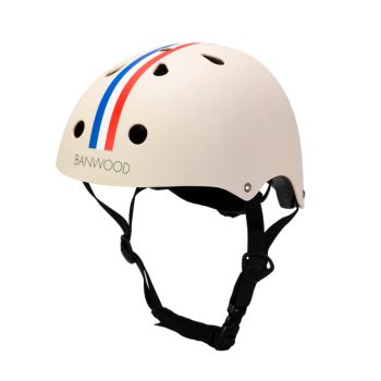 Dziecięcy kask rowerowy w kolorze kremowym z czerwono-niebieskimi paskami i czarnym paskiem pod brodą. Banwood Dziecięcy kask rowerowy stripes