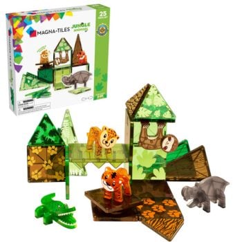 Klocki magnetyczne w kształcie zwierząt dżungli z elementami w zielonych i brązowych kolorach dla dzieci. Magna-Tiles Klocki Magnetyczne Jungle Animals 25el
