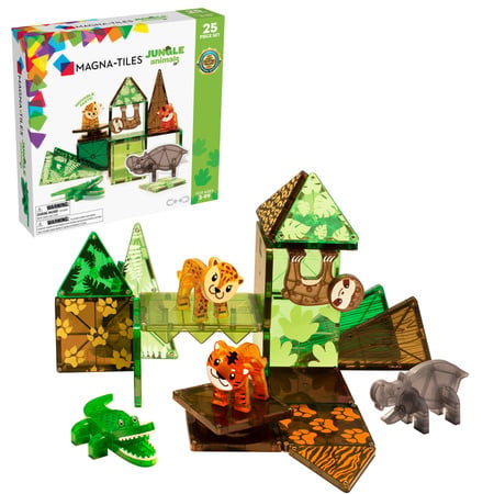 Klocki magnetyczne w kształcie zwierząt dżungli z elementami w zielonych i brązowych kolorach dla dzieci. Magna-Tiles Klocki Magnetyczne Jungle Animals 25el