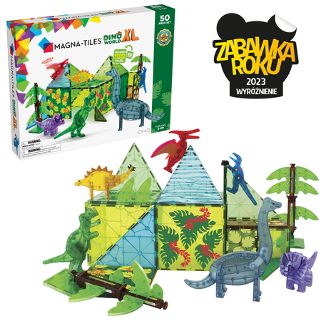 Klocki magnetyczne w kształcie dinozaurów i trójkątów przezroczyste kolorowe dla dzieci. Magna-Tiles Klocki Magnetyczne Dino World XL 50el