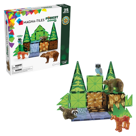 Klocki magnetyczne zielone i brązowe z motywem zwierząt leśnych 25 elementów dla dzieci. Magna-Tiles Klocki Magnetyczne Forest Animals 25el