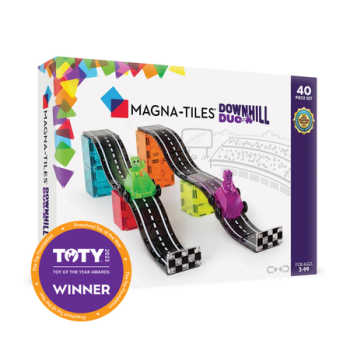Zestaw 40 kolorowych klocków magnetycznych z dwoma torami zjazdowymi i dwoma pojazdami dla dzieci od 3 lat. Magna-Tiles Klocki Magnetyczne Downhill Duo 40el