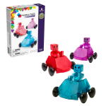 Zestaw trzech magnetycznych samochodzików w kolorach czerwonym różowym i niebieskim dla dzieci. Magna-Tiles Magnetyczne Samochodziki Dashers 6el