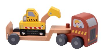 Drewniana czerwona ciężarówka z naczepą i żółtą koparką zabawka dla dziecka. Joueco Drewniane auto z naczepą i koparką