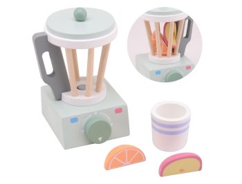 Drewniany blender z pokrywką i pokrojonymi owocami zabawka dla dzieci. Joueco Drewniany blender z owocami
