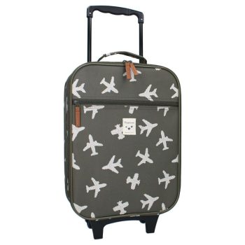 Dziecięca walizka na kółkach khaki w białe samoloty z wysuwaną rączką dla dziecka. Kidzroom Walizka dziecięca Airplane khaki