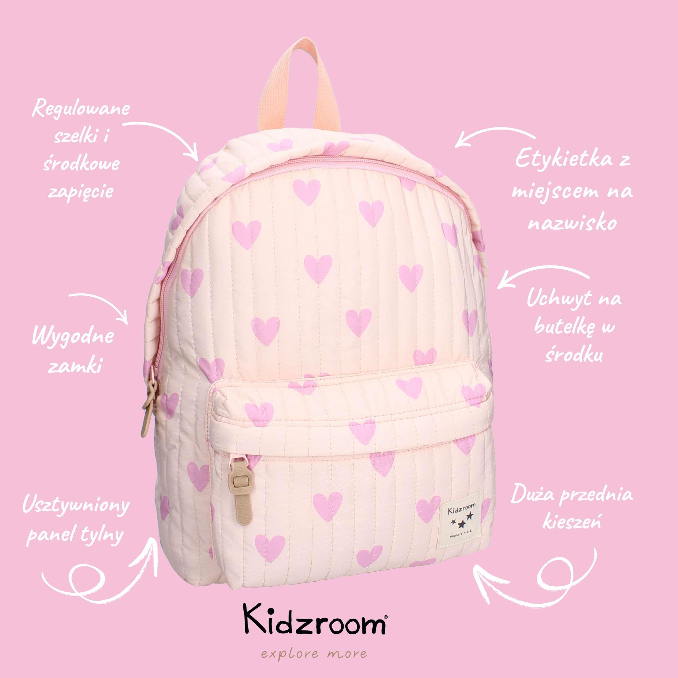 Różowy plecak dziecięcy z serduszkami regulowane szelki i kieszenie dla dziewczynki. Kidzroom Plecak dla dzieci L Magical Heart pink
