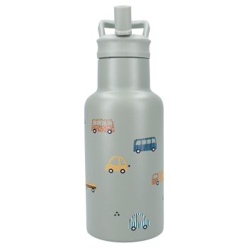 Szary bidon termiczny 350 ml z kolorowymi samochodzikami dla dziecka. Kidzroom Butelka bidon 350ml Sweet Cars