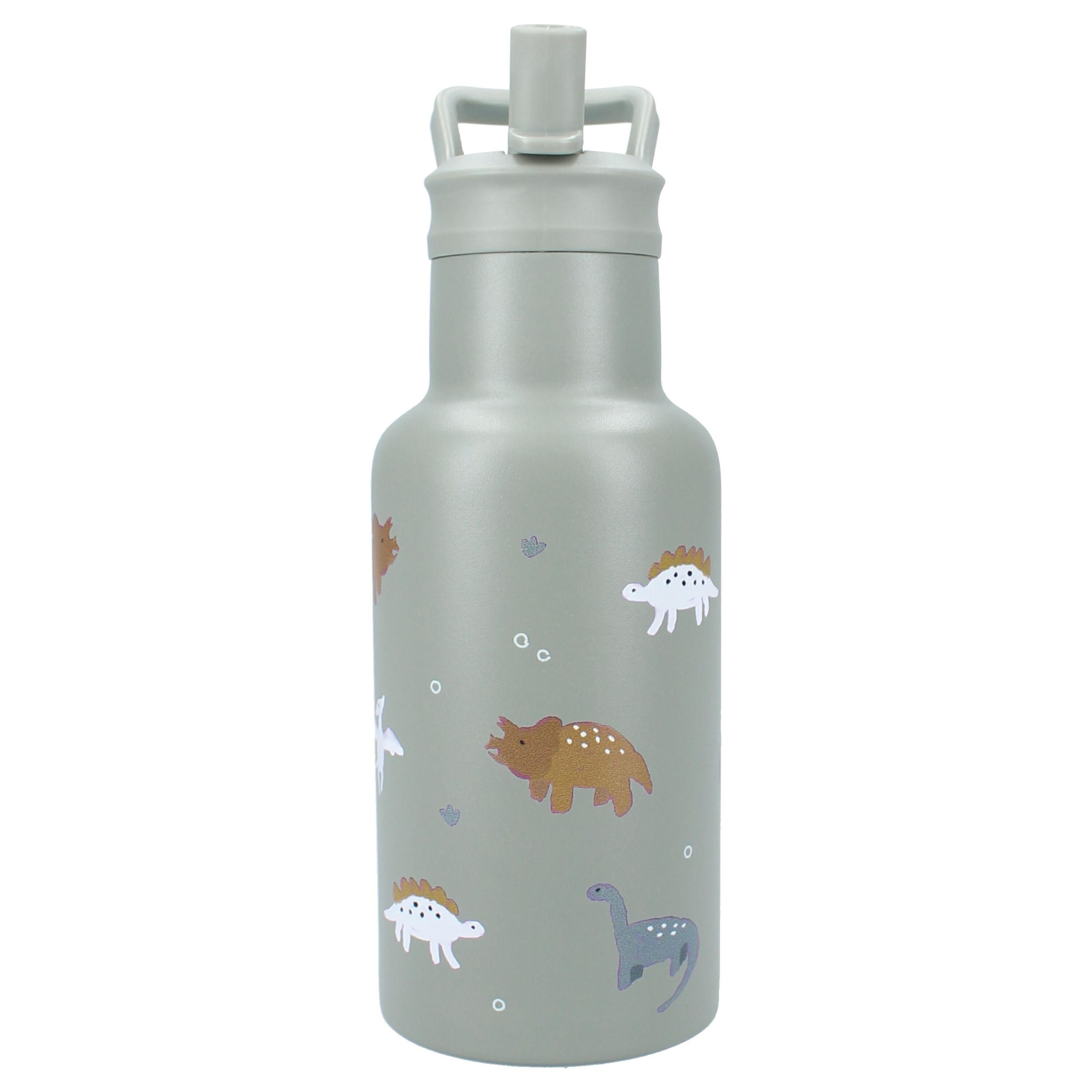 Butelka bidon termiczny 350 ml szara z kolorowymi dinozaurami dla dziecka. Kidzroom Butelka bidon 350ml Small Dino