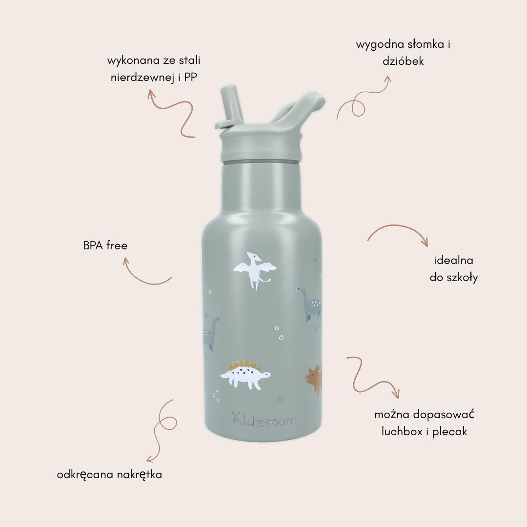 Butelka bidon termiczny 350 ml stal nierdzewna jasnozielony z nadrukiem dinozaurów dla dziecka. Kidzroom Butelka bidon 350ml Small Dino