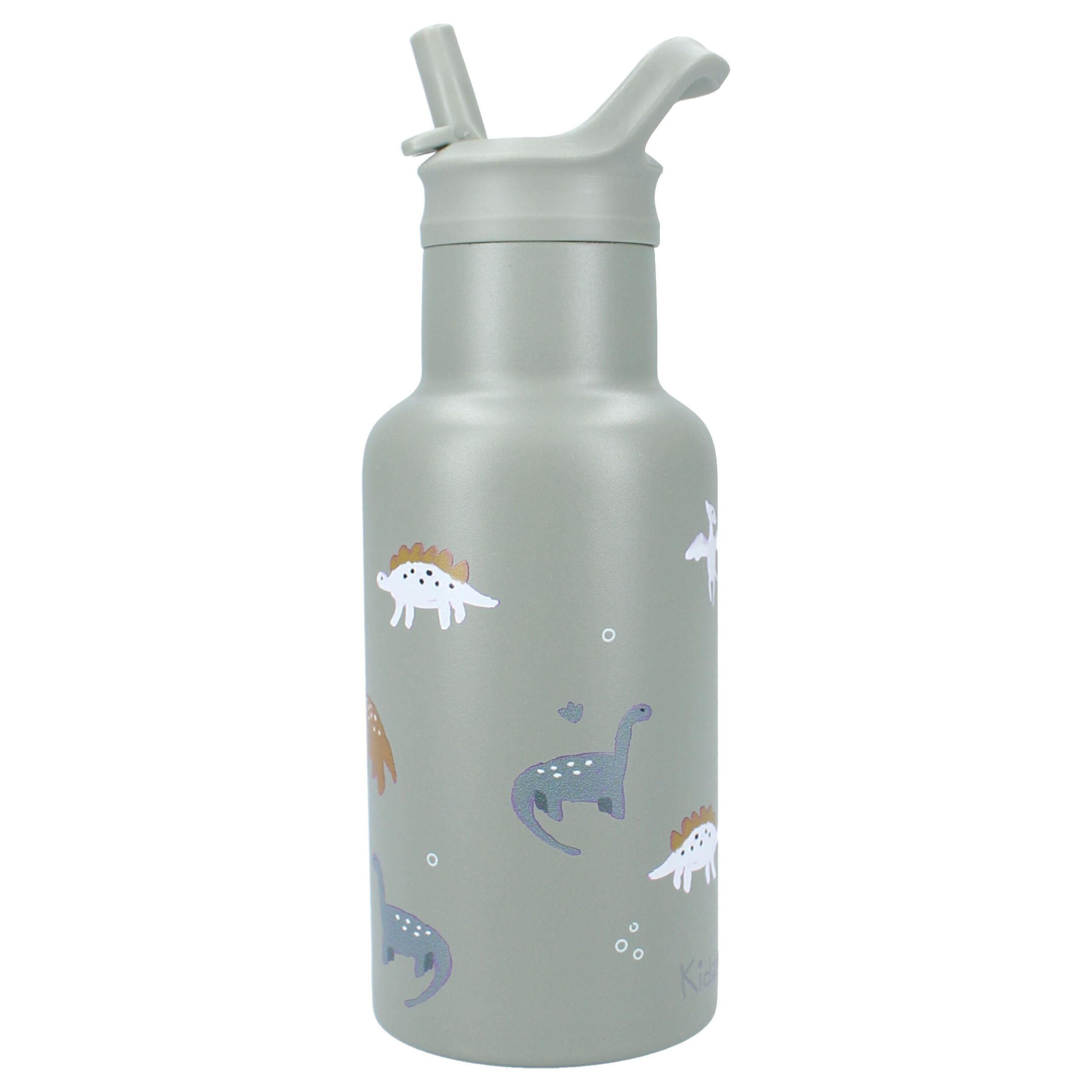 Szary bidon termiczny 350 ml z nadrukiem dinozaurów dla dziecka. Kidzroom Butelka bidon 350ml Small Dino
