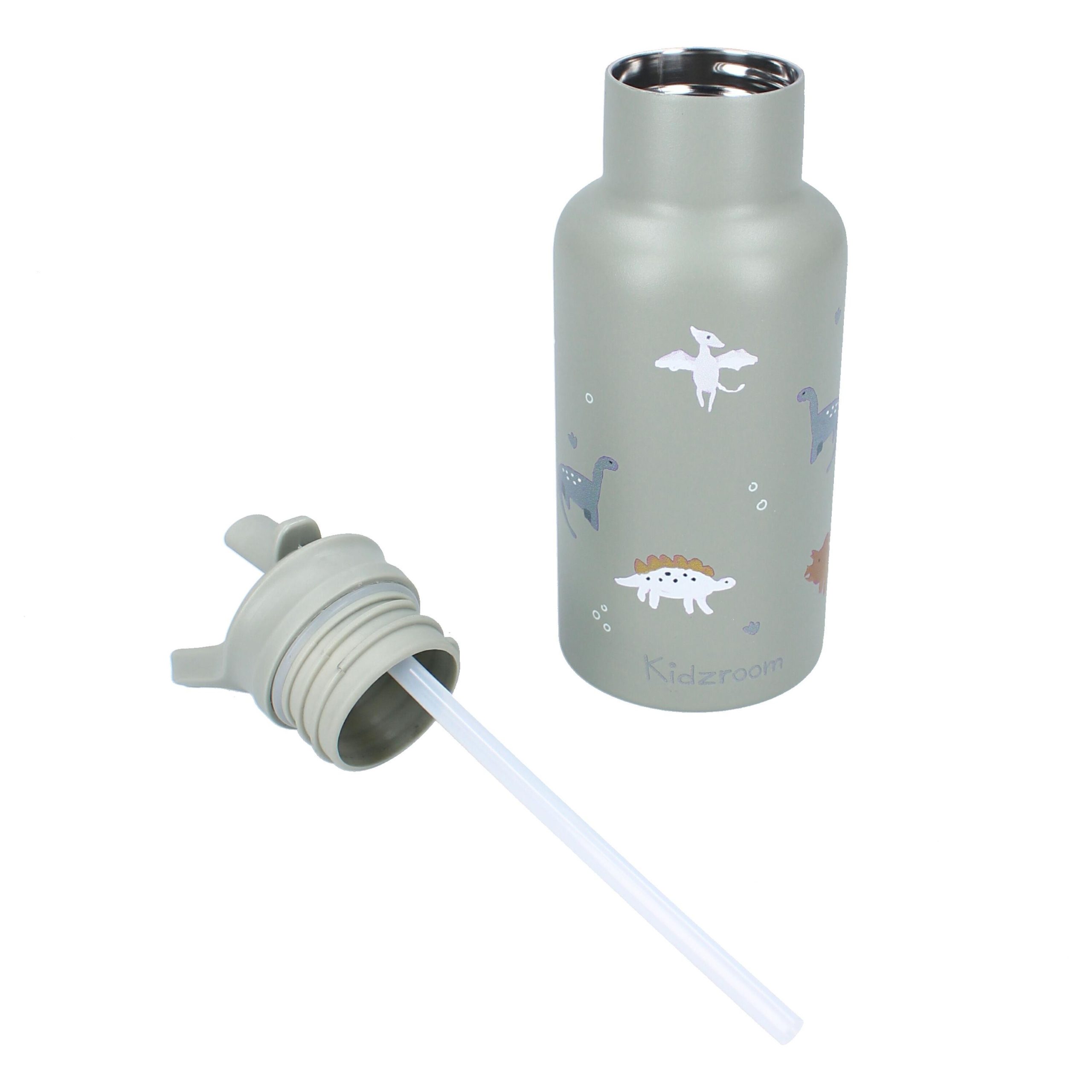 Szary bidon termiczny 350 ml z motywem dinozaurów z rurką dla dziecka. Kidzroom Butelka bidon 350ml Small Dino
