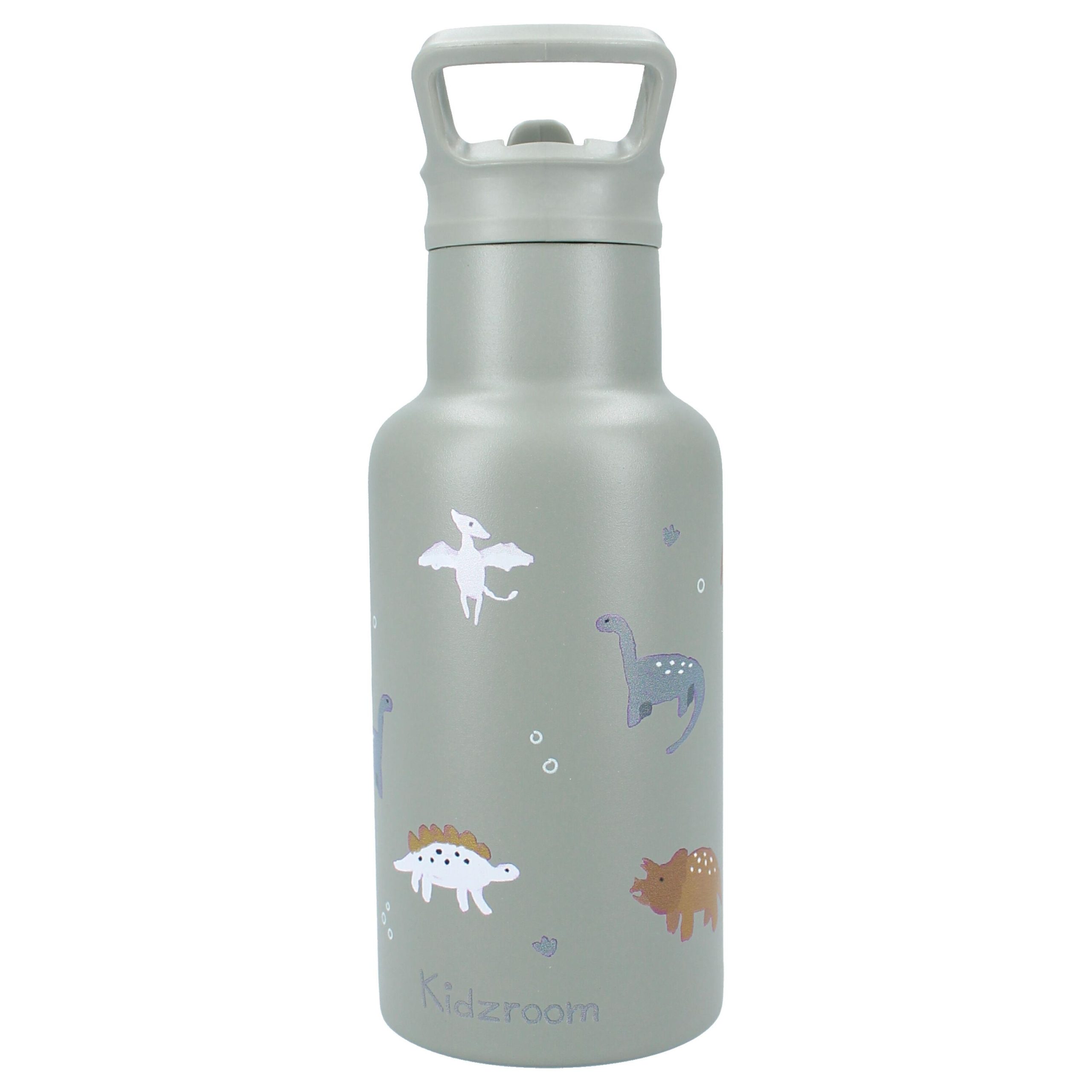 Szary bidon termiczny 350 ml z nadrukiem dinozaurów dla dziecka. Kidzroom Butelka bidon 350ml Small Dino