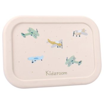 Prostokątny pojemnik silikonowy na śniadanie jasnoróżowy z kolorowymi samolotami dla dziecka. Kidzroom Lunchbox pojemnik silikon Small Aeroplane
