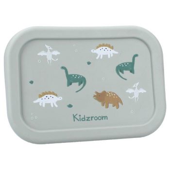 Silikonowy pojemnik na lunch w kolorze szarym z nadrukiem dinozaurów dla dziecka. Kidzroom Lunchbox pojemnik silikon Small Dino