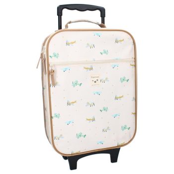 Beżowa walizka dziecięca na kółkach z nadrukiem zwierząt dla dziecka. Kidzroom Walizka dla dzieci Small Aeroplane Beige