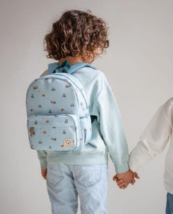 Plecak dziecięcy niebieski z nadrukiem małych pojazdów dla dziecka. Kidzroom Plecak dla dzieci L Little Story Blue