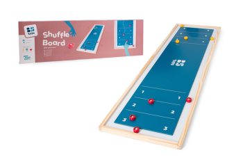Drewniana gra zręcznościowa shuffleboard z niebieską planszą i czerwonymi pionkami dla dzieci. BS Toys Drewniana gra Shuffleboard XL
