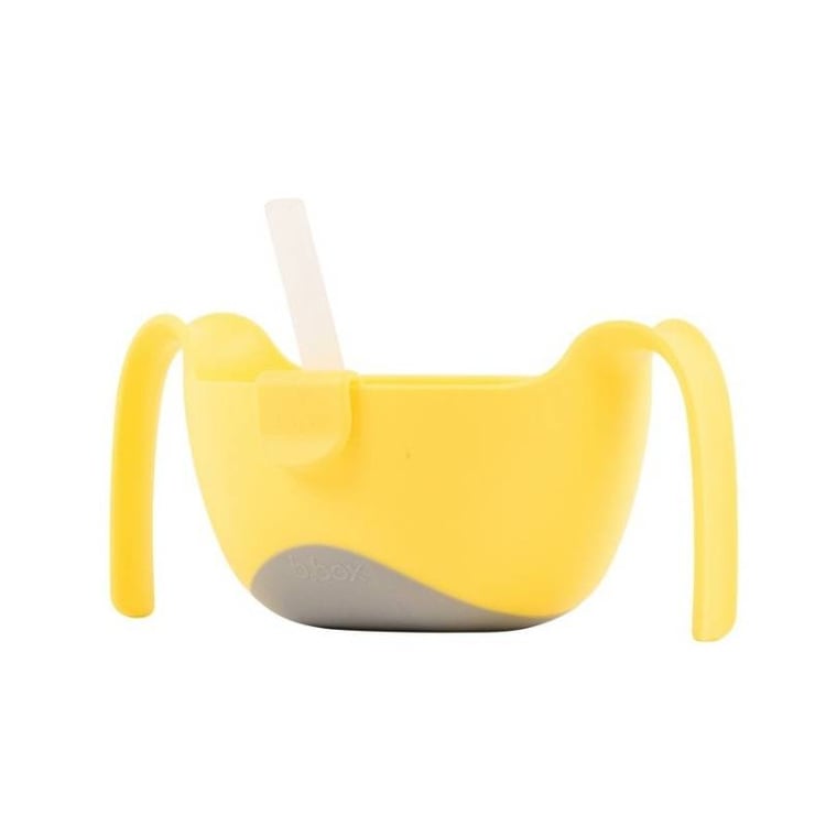 Żółta miseczka z uchwytami i przezroczystą słomką dla dziecka. b.box Miseczka ze słomką Lemon Sherbet