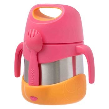 Termos na jedzenie ze stali nierdzewnej różowo-pomarańczowy z uchwytami i łyżko-widelcem dla dziecka. b.box Termos na jedzenie 335ml Strawberry Shake