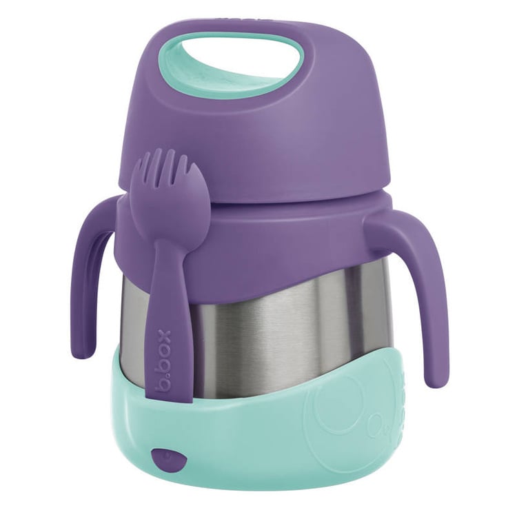 Termos na jedzenie stalowy fioletowy z turkusowymi elementami z uchwytami i łyżko-widelcem dla dziecka. b.box Termos na jedzenie 335ml Lilac Pop