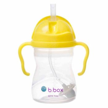 Bidon ze słomką 240 ml przezroczysty z żółtą nakrętką i uchwytami dla dziecka. b.box Bidon ze słomką 240ml cytrynowy