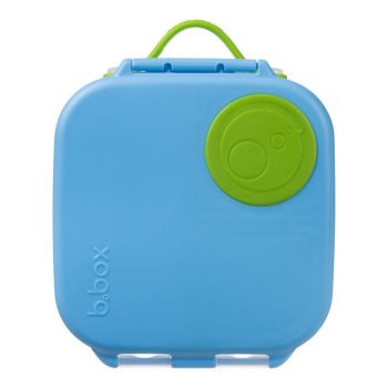 Niebieska śniadaniówka z zielonym uchwytem i zamknięciem dla dziecka. B.Box Mini lunchbox, Ocean Breeze