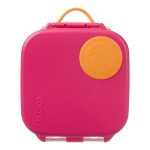 Różowa śniadaniówka mini lunchbox z pomarańczowym uchwytem i zamknięciem dla dziecka. b.box Mini lunchbox Strawberry Shake