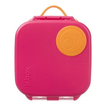 Różowa śniadaniówka mini lunchbox z pomarańczowym uchwytem i zamknięciem dla dziecka. b.box Mini lunchbox Strawberry Shake
