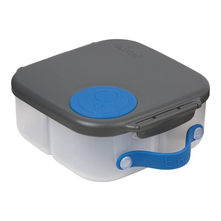 Mini śniadaniówka z szarym wieczkiem i niebieskim zamknięciem dla dziecka. b.box Mini lunchbox Blue Slate