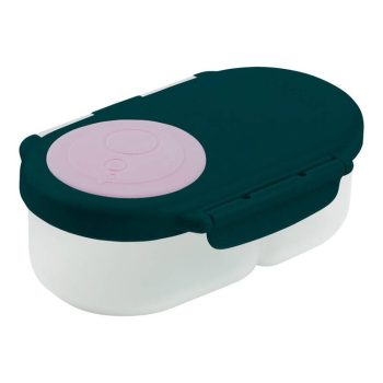 Pojemnik na przekąski biały z ciemnozieloną pokrywką i różowym zamknięciem dla dziecka. b.box Snackbox Pojemnik na przekąski Indigo Rose