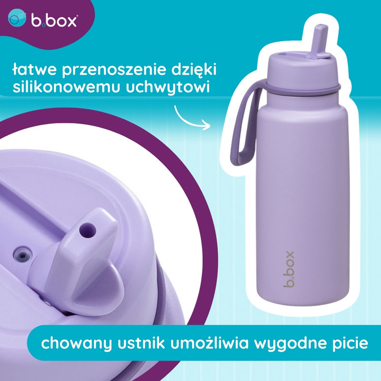 Butelka termiczna ze stali nierdzewnej 1l fioletowa z silikonowym uchwytem i składanym ustnikiem dla dziecka. b.box Butelka termiczna ze składanym ustnikiem termos ze stali nierdzewnej 1l Lilac Love