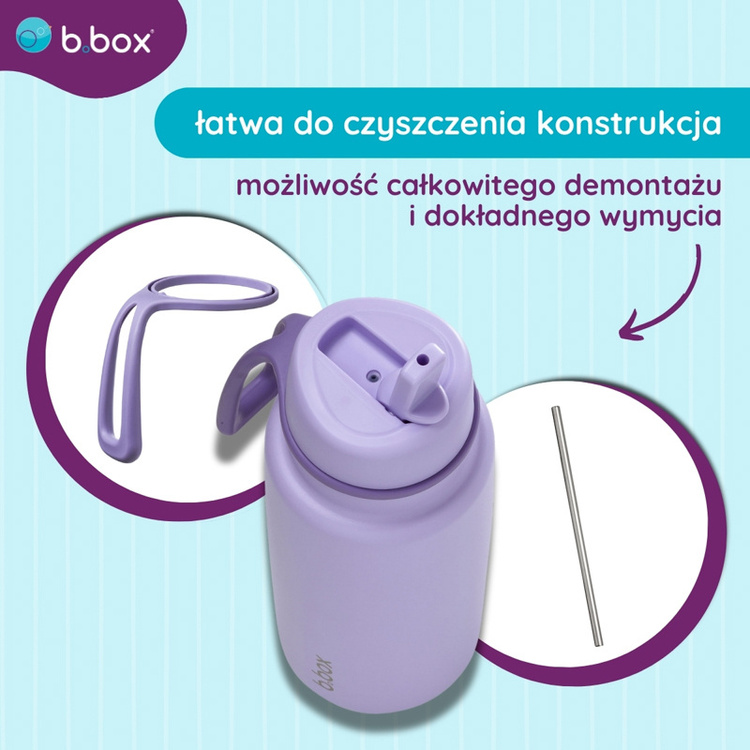 Butelka termiczna ze stali nierdzewnej z fioletowym składanym ustnikiem i słomką dla dziecka. b.box Butelka termiczna ze składanym ustnikiem termos ze stali nierdzewnej 1l Lilac Love