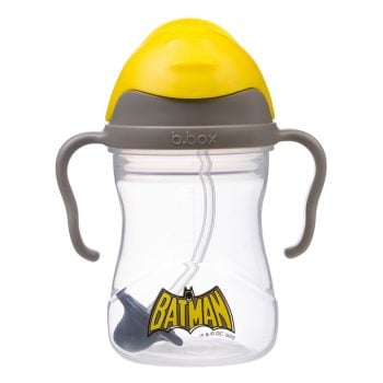 Bidon przezroczysty z żółtą nakrętką i słomką dla dziecka z motywem batmana szare uchwyty. b.box Batman by Bidon ze słomką 240ml batman