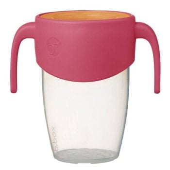 Kubek niekapek do nauki picia z dwoma uchwytami różowa pokrywka przezroczysty pojemnik dla dziecka. b.box Kubek 360 do nauki picia strawberry shake