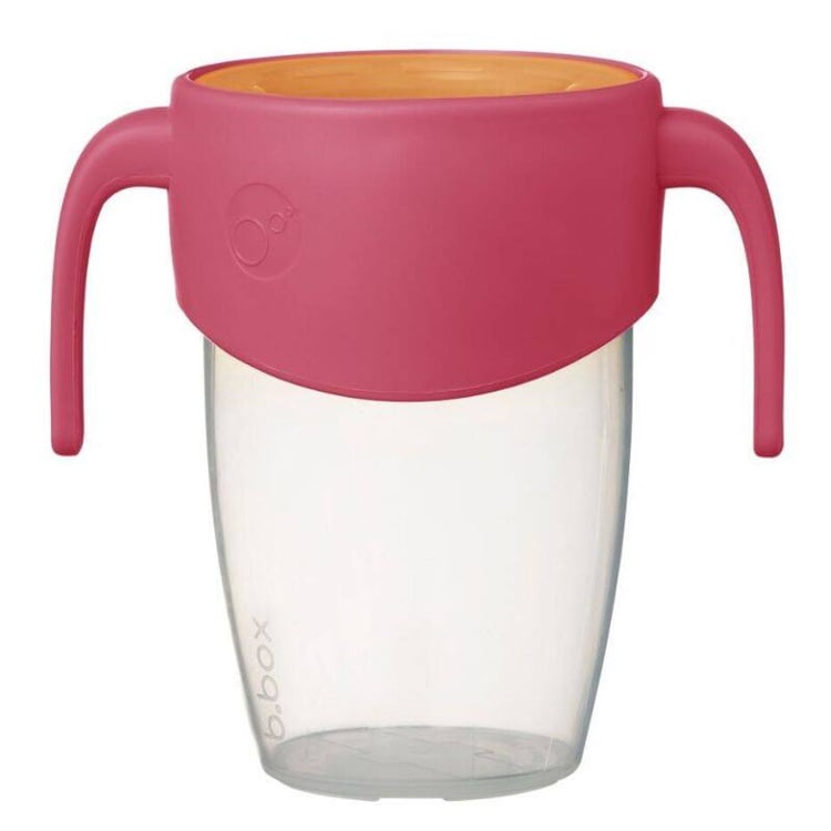 Kubek niekapek do nauki picia z dwoma uchwytami różowa pokrywka przezroczysty pojemnik dla dziecka. b.box Kubek 360 do nauki picia strawberry shake