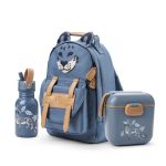 Niebieski plecak dziecięcy z motywem lwa butelka na wodę i lunchbox z kwiatowym wzorem dla dziecka. Elodie Details Plecak BackPack MINI +Butelka na wodę +Lunchbox Garden Leo ZESTAW
