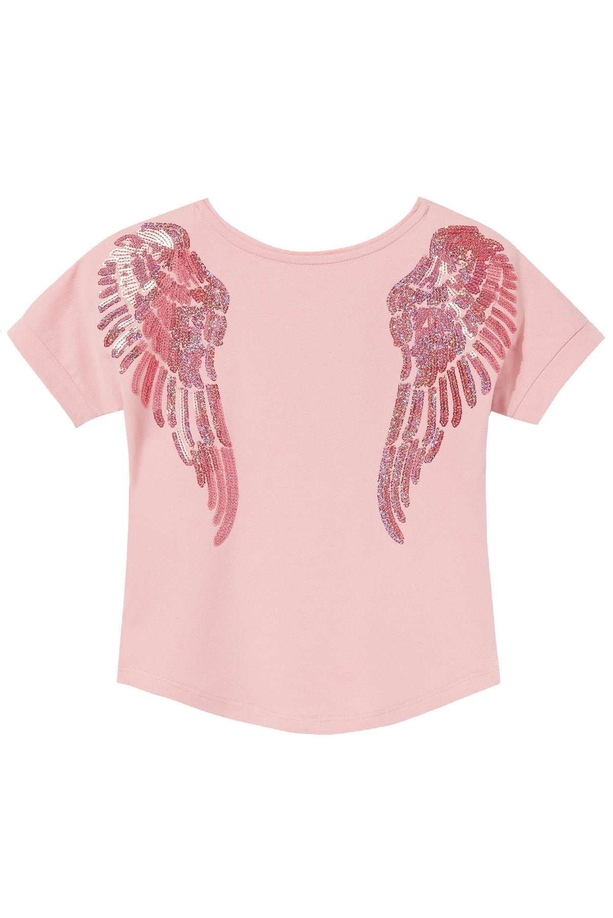 Różowa koszulka dziecięca z krótkim rękawem i różowymi cekinowymi skrzydłami na ramionach. Fig&Pear Różowa koszulka z różowymi skrzydłami z cekinów