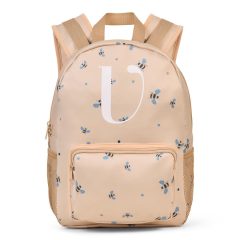 Plecak dziecięcy beżowy z motywem pszczółek z przodu z dużą literą b materiał neoprenowy dla dziecka. Vanilla Copenhagen Plecak neoprenowy dla dzieci NEO Honeybee Happy