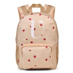 Plecak dziecięcy beżowy z nadrukiem biedronek i dużą literą u z neoprenu. Vanilla Copenhagen Plecak neoprenowy dla dzieci NEO Lady Lovebug